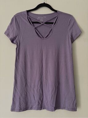 Lavender Purple Short Sleeve Top with Criss-Cross V-Neck Cut Out.